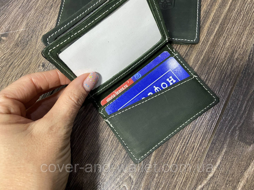 Кожаная обложка для id паспорта и прав с гербом Украины зеленого цвета Puos Киев - изображение 9