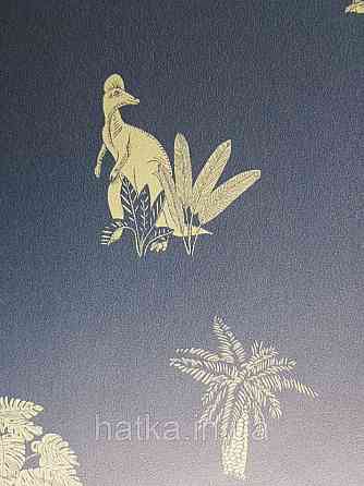 Обои флизелиновые детские  Caselio Our Planet животные динозавры пальмы зеленые на темно синем фоне Киев