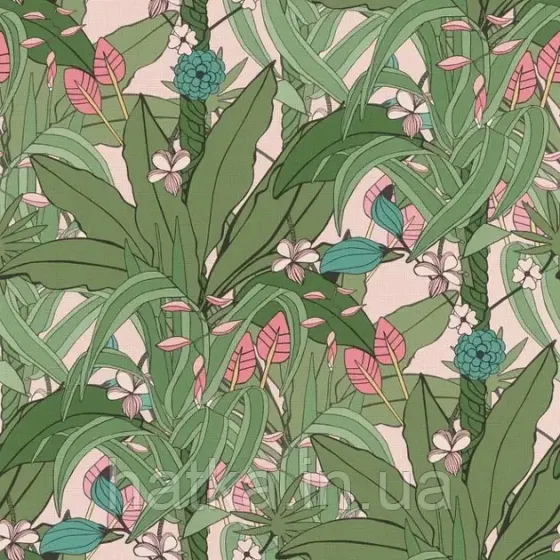 Шпалери вінілові на флізеліні Rasch Clasik 0,53 джунглі пальми квіти яскраво-зелені рожеві сині Київ