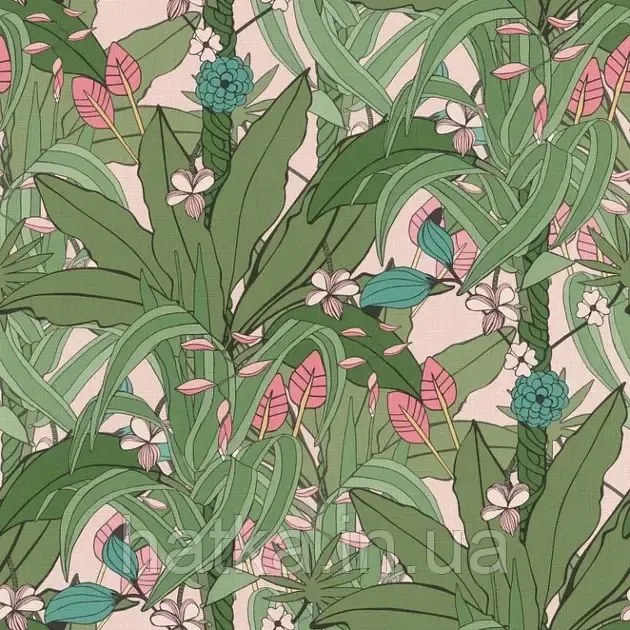 Шпалери вінілові на флізеліні Rasch Clasik 0,53 джунглі пальми квіти яскраво-зелені рожеві сині Київ - фото 2