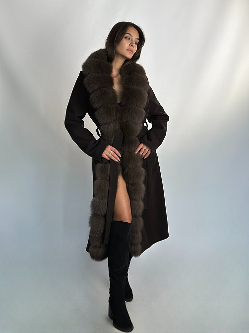 Женское кашемировое пальто с мехом по всей длине Шоколад, 44 Харьков - изображение 1