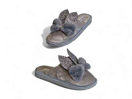 Тапочки домашние комнатные женские зайки с блестящими ушками серый Одесса