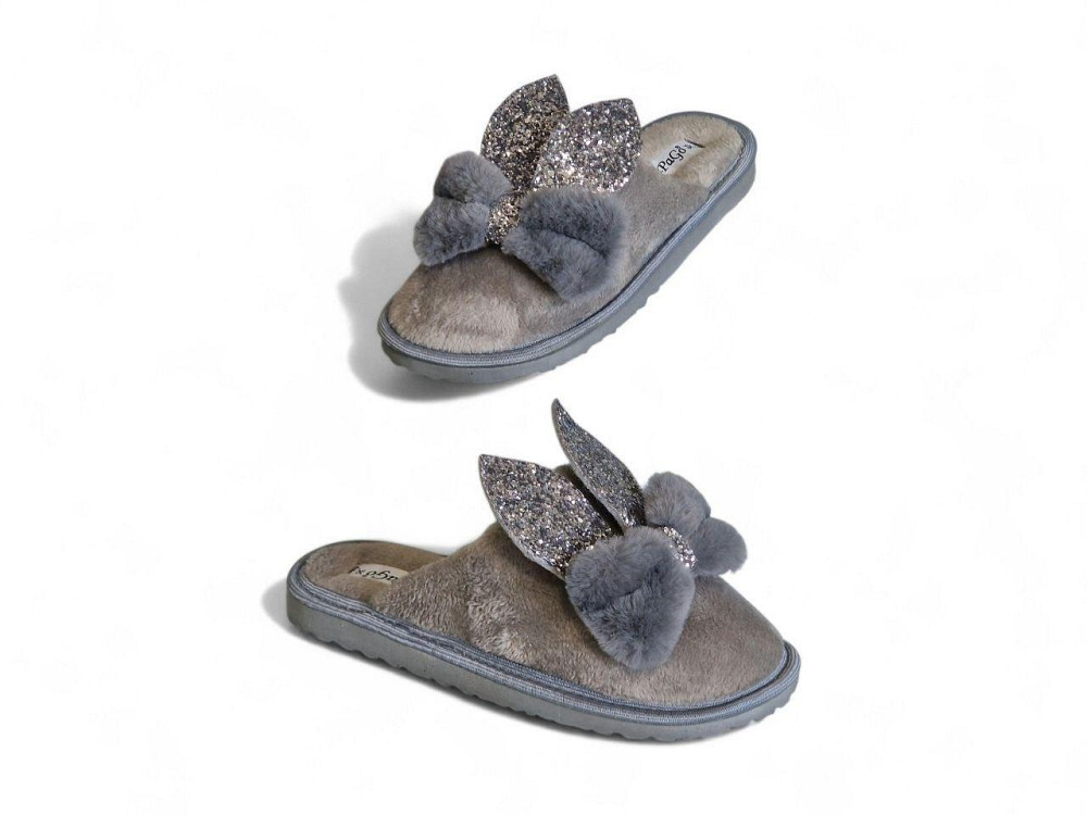 Тапочки домашние комнатные женские зайки с блестящими ушками серый Одесса - изображение 3