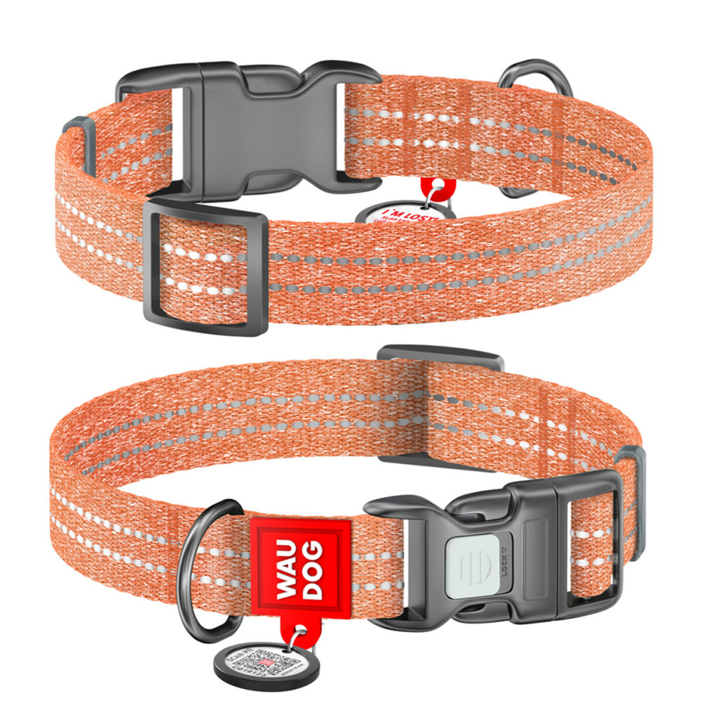 Ошейник для собак из восстановленного хлопка WAUDOG Re-cotton с QR паспортом, светоотражающий, пластиковый фастекс, Ш 25 мм, Длин 33-49 см оранжевый Киев - изображение 4