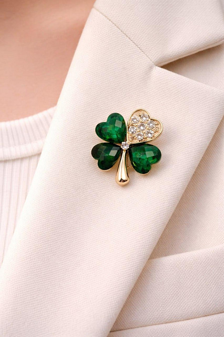Брошь четырехлистник зеленый клевер со стразами, брошь на удачу 3×2.5 см Киев - изображение 2