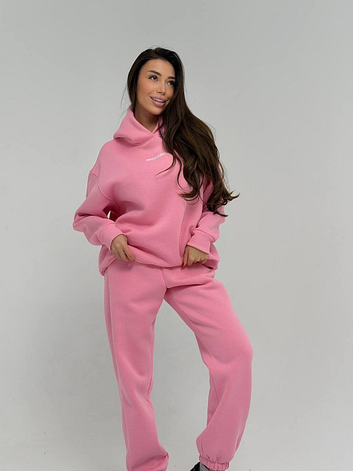 Жіночий стильний спортивний костюм-двійка: худі + штани, тринитка Пен'є на флісі турція Рожевий, 46/48 Одеса - фото 7