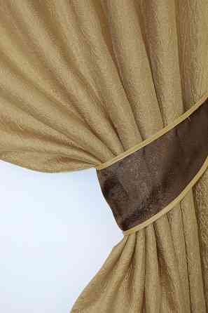 Кухонные шторы VR-Textil № 073к с ламбрекеном и подхватами золотистый с коричневым 275х170 см (52-0049) Киев