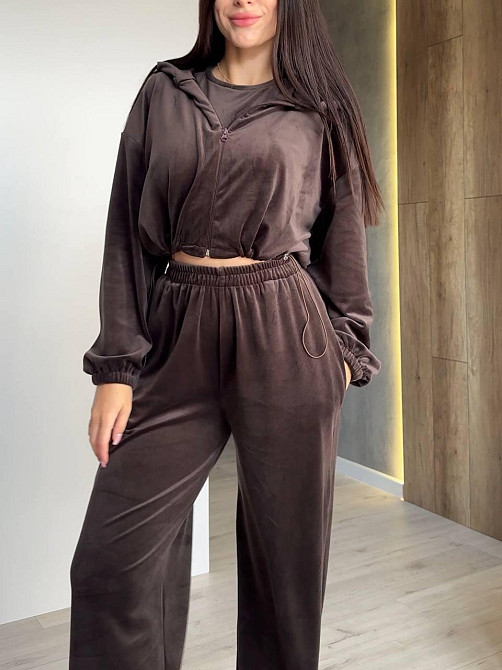 Женский прогулочный костюм тройка: худи топ и штаны велюр плюш Шоколад, 42/44 Одесса - изображение 7