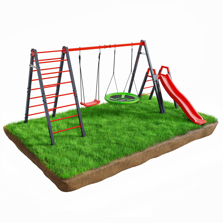 Гойдалка з гніздом лелеки, драбиною та гіркою K-Sport KSOZ015DJZ - червоно-сіра Київ - фото 1