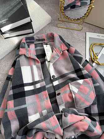 Женская теплая рубашка оверсайз в клетку на пуговицах турецкий флис Розовый Одесса