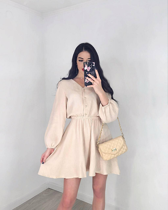 Женское легкое мини платье из натуральной ткани муслин Беж, 48/52 Одесса - изображение 4