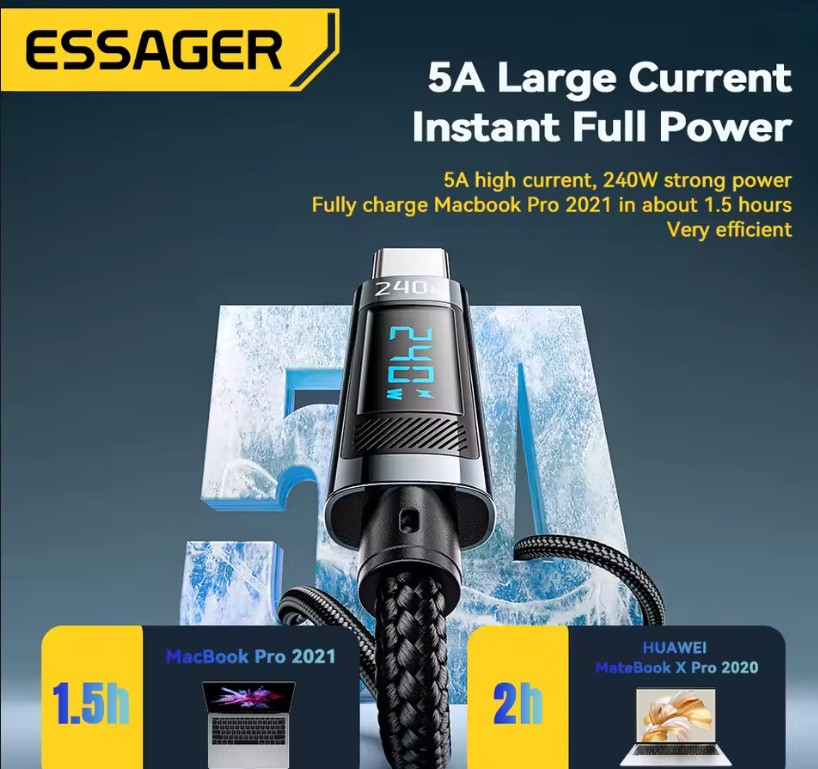 Essager кабель PD Type-C на Type-C з дисплеєм, підтримка швидкої зарядки до 240Вт (1м) Миколаїв - фото 3