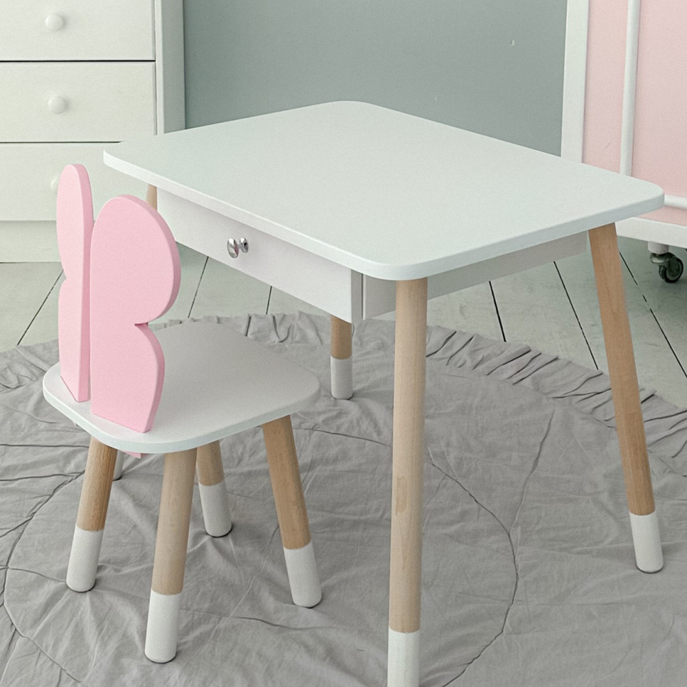 Стол прямоугольный с выдвижным ящиком 46х60х45 и стул бабочка 26х26х24, столик и стульчик для девчачьей комнаты, розовый с белым Каменское - изображение 10