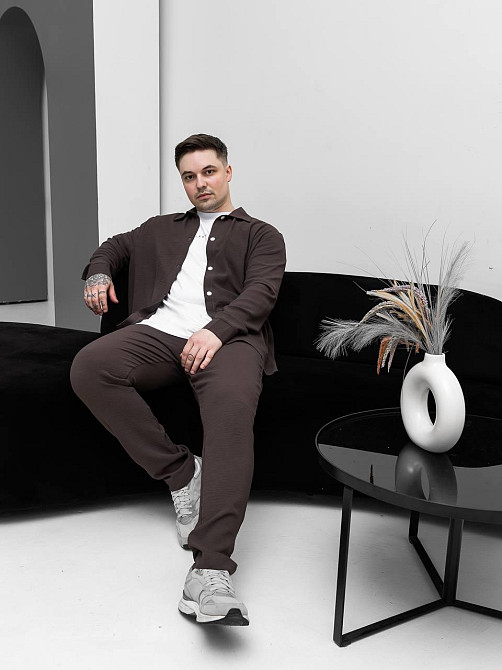 Чоловічий літній костюм Casual сорочка та штани Оверсайз жатка весна літо SANE шоколад L Одеса - фото 8