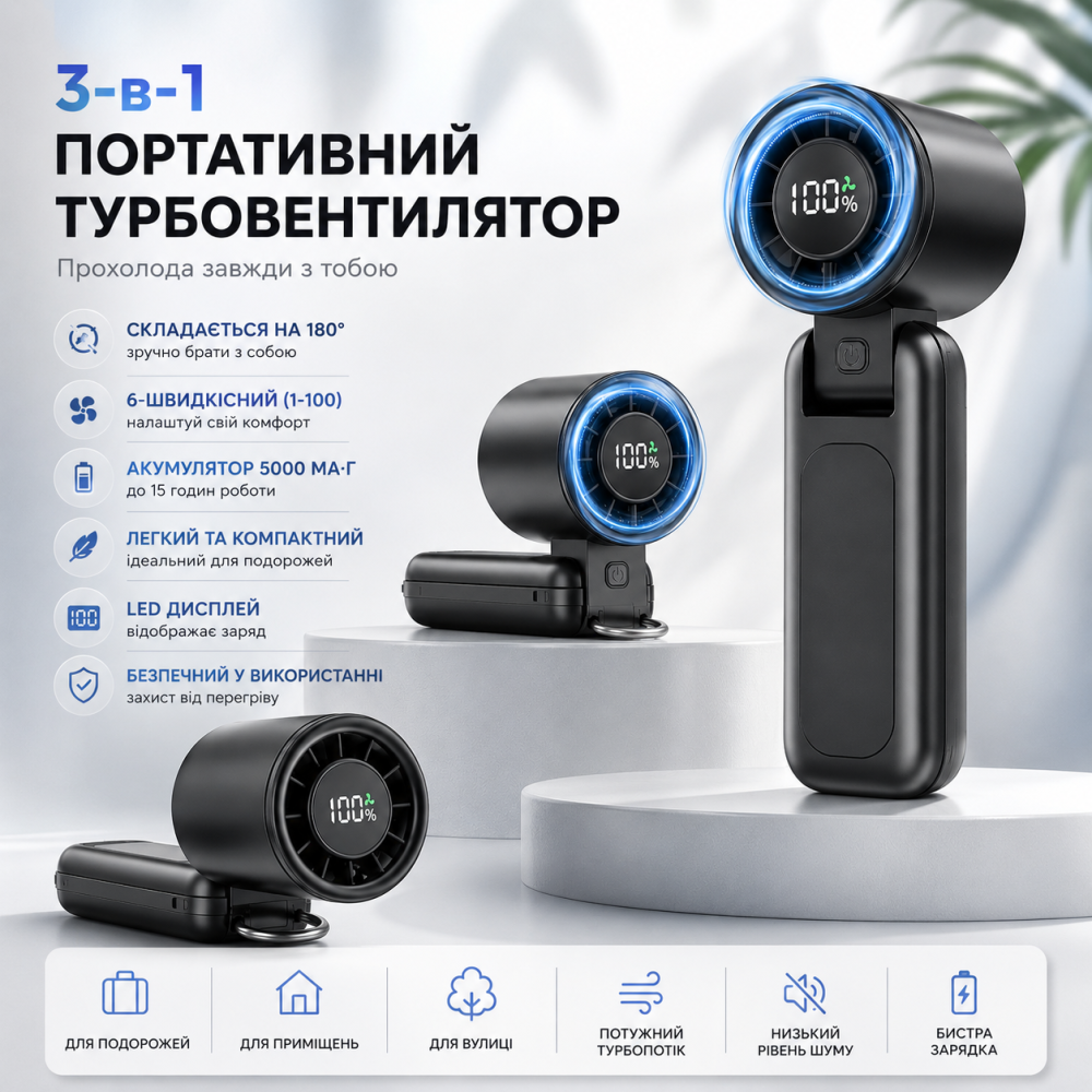 Портативный ручной вентилятор турбовентилятор Mitreal 3-в-1 Черный складной мини-вентилятор с аккумулятором 5000 мАч и LCD-дисплее Киев - изображение 1