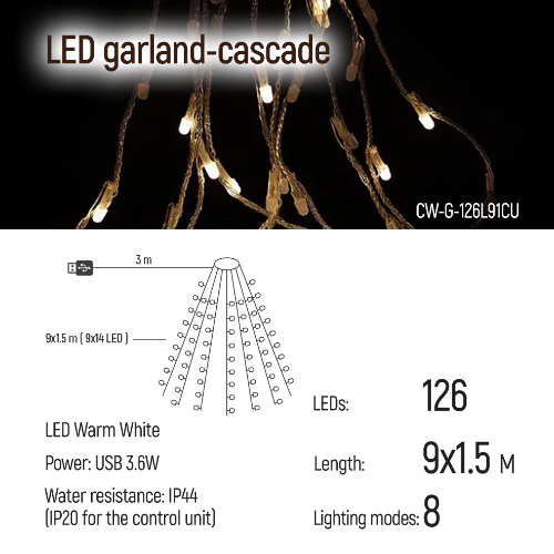 Світлодіодна гірлянда каскад 126 Led 9*1,5м 8 режимів теплий колір USB CW-G-126L91CU ColorWay Житомир - изображение 10
