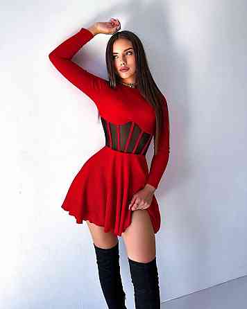 Женское приталенное мини платье с имитацией корсета мустанг рубчик Красный, 46/48 Одесса