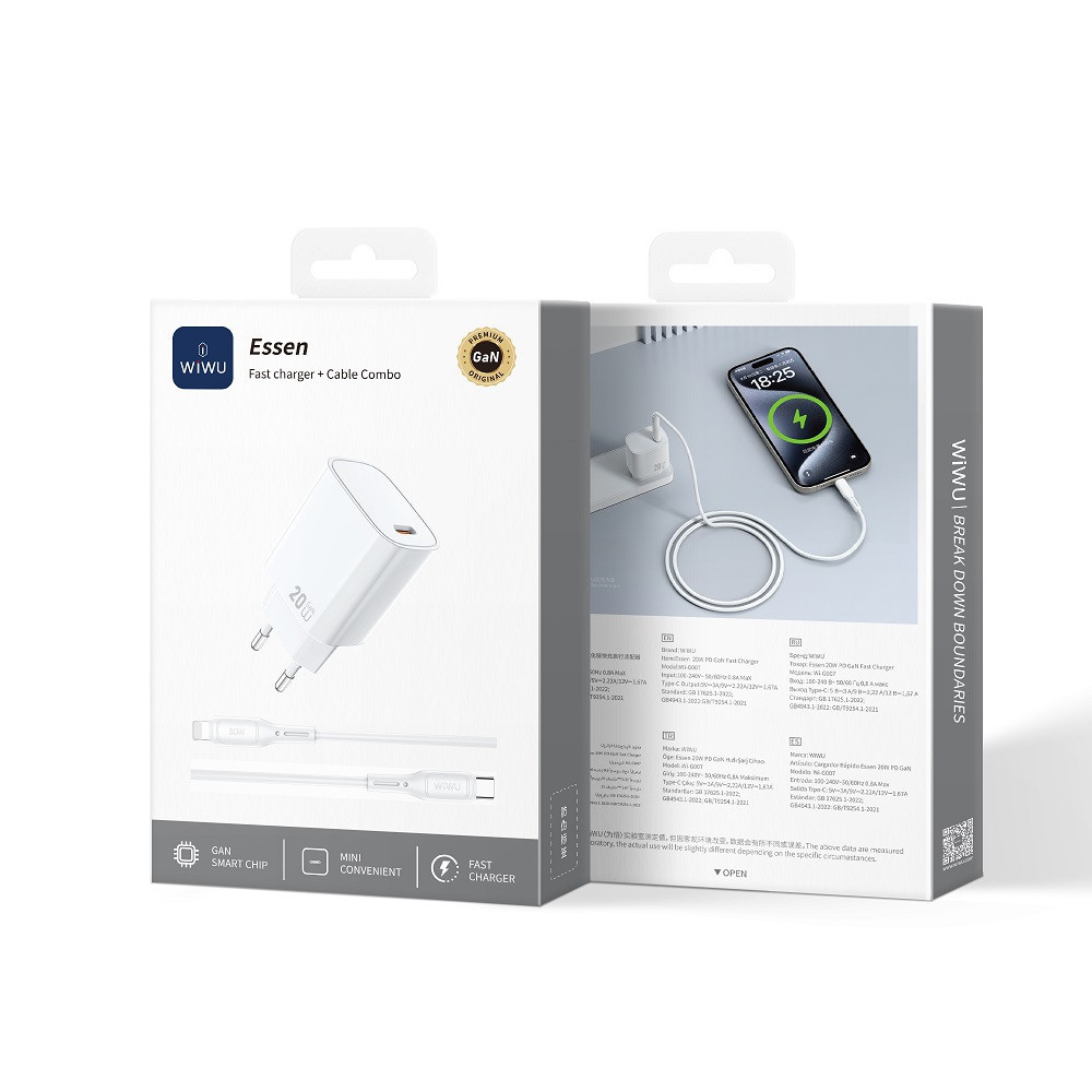 Сетевое зарядное устройство с кабелем WIWU 20W Essen GaN Fast Charger+ Cable Combo Wi-G007 C-L EU White Одесса - изображение 2