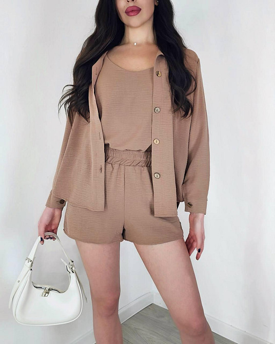 Жіночий легкий костюм-трійка: сорочка, майка та шорти креп жатка Моко, 42/44 Одеса - фото 1