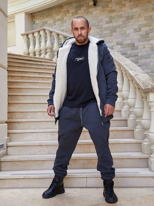 Мужской теплый костюм двойка трехнитка на флисе с мехом овчины Антрацит, 48 Одесса - изображение 1