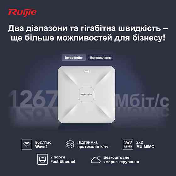 Точка доступу Ruijie Reyee RG-RAP2200(F) (AC1300, 2xFE, MU-MIMO, PoE, Ruijie Cloud) PoE Харьков