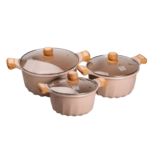 Набір із трьох каструль та сковорідок з кришками 24, 28, 32 см, товсте алюмінієве дно MGC HP-4-402 Київ - фото 2