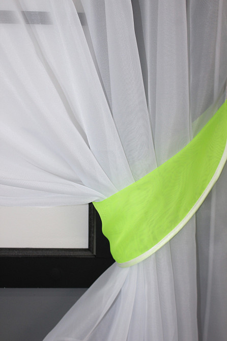 Кухонные шторы VR-Textil № 091к с ламбрекеном и подвязками неоново-салатовый с белым 280х170 см (52-0686) Киев - изображение 3