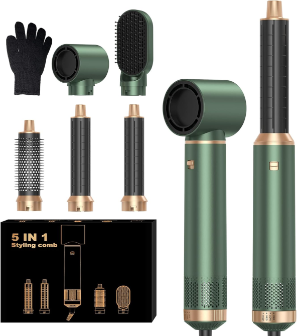 Фен-стайлер OKWRAP Hair Styler 5 в 1, 1000 Вт, фен-щітка з Coanda, 3 режими, іонізація, насадки для локонів, зелений Київ - фото 2