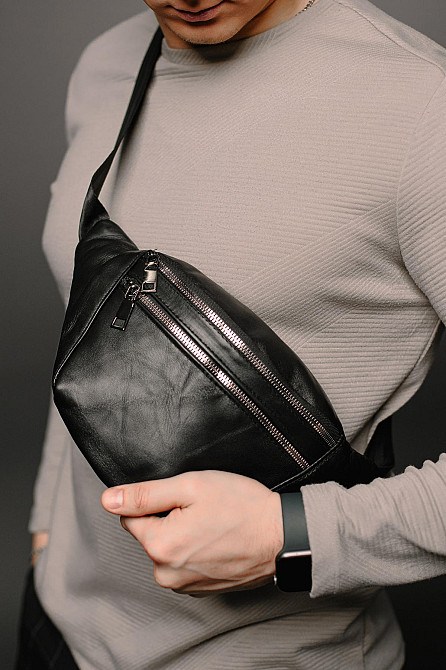 Чоловіча сумка-бананка на пояс з натуральної шкіри ST004 (Чорна) Суми - фото 3