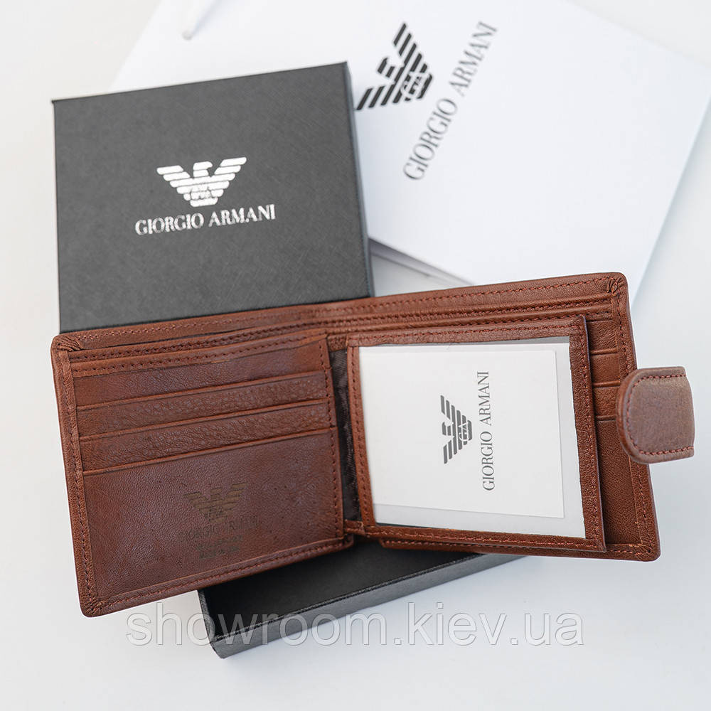 Мужское кожаное портмоне на кнопке Armani (2081) brown Киев - изображение 4