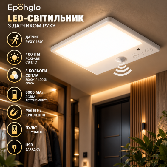 Акумуляторний LED-світильник Epohglo 8000 мАг, датчик руху 160°, 400 лм, 3 кольори, пульт, магнітний Київ
