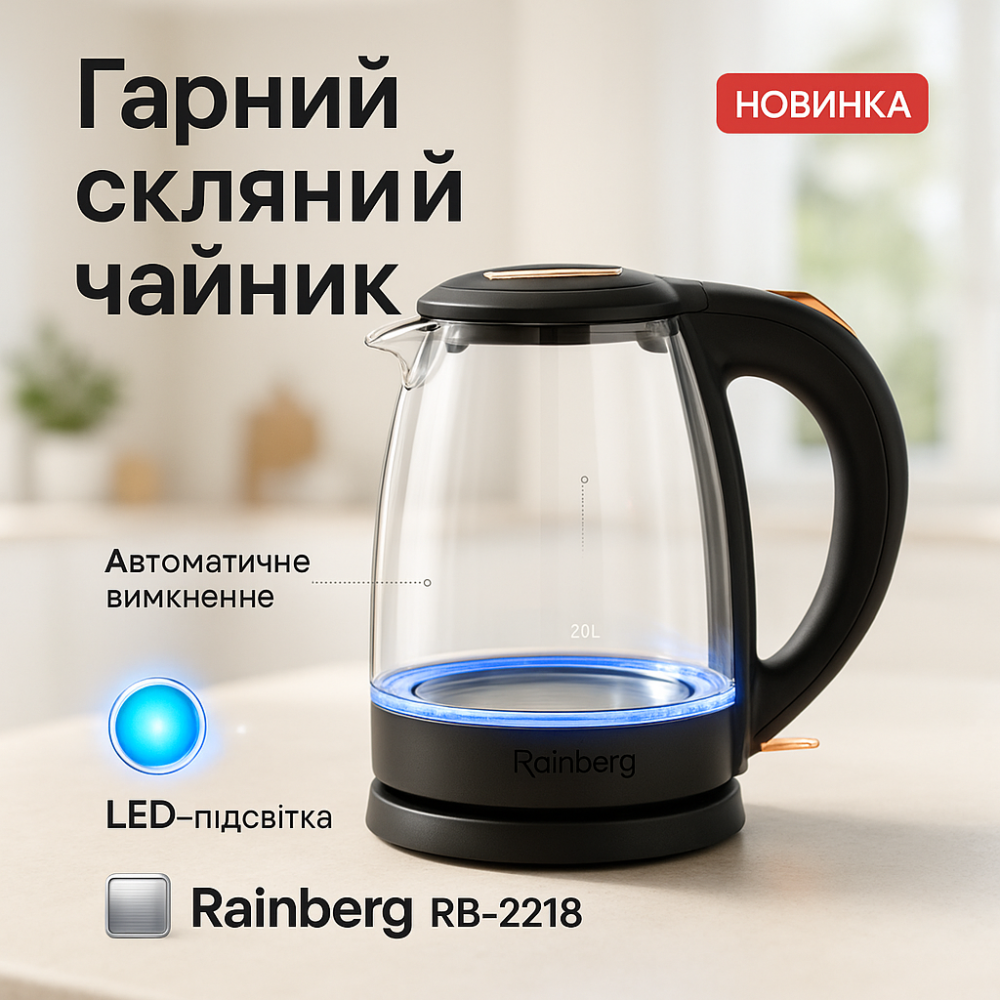 Хороший электрочайник для дома Rainberg, Современный чайник с подсветкой, Красивый стеклянный чайник QD-95 Львов - изображение 7