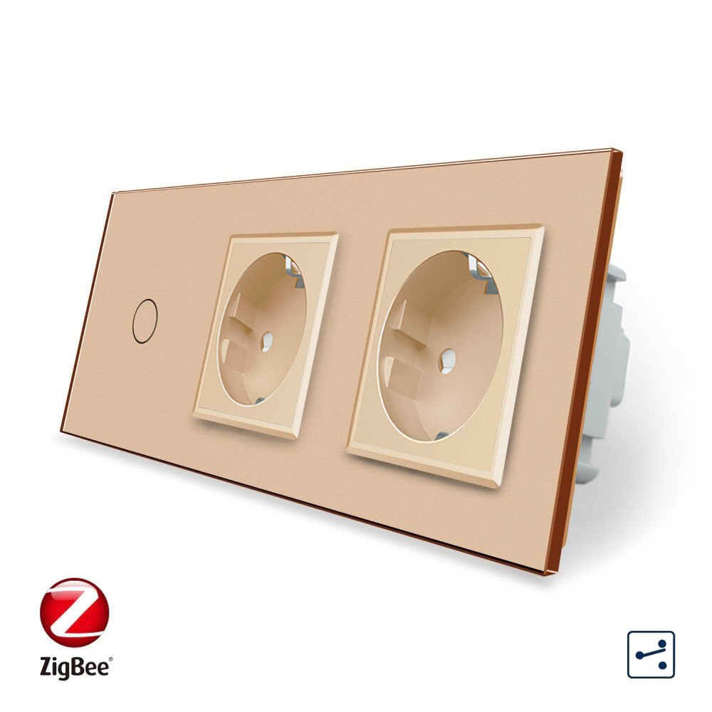 Розумний сенсорний прохідний/перехресний вимикач 1 сенсор 2 розетки Livolo золотий скло (VL-C701SZ/C7C2EU-13) Коломия - фото 6