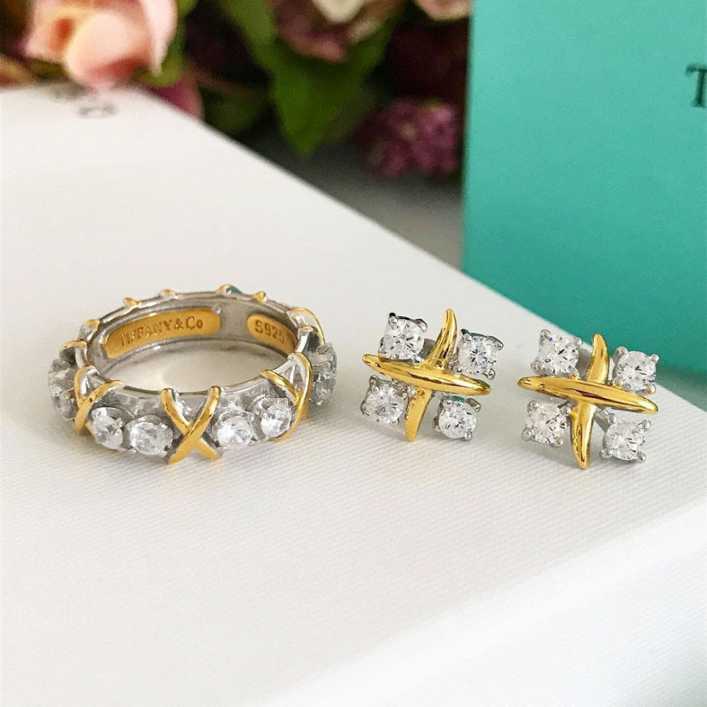 Tiffany Тіффані набір — кільце та сережки з хрестиками срібло 925, позолота/подарункове паковання Одеса - фото 7