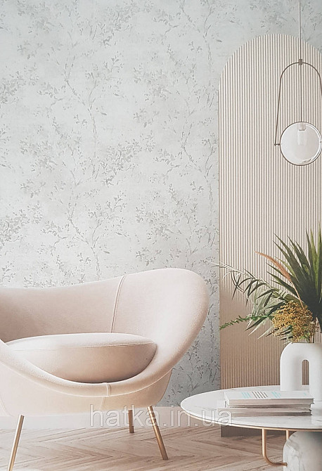 Шпалери вінілові на флізеліні AS creation Della Natura 1.06Х10 листя гілки розмите малюнок сірі на білому Київ - фото 1