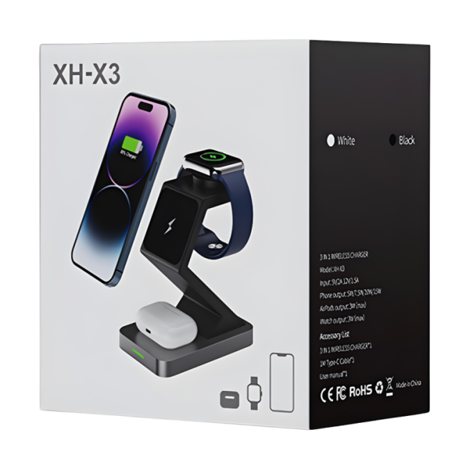 Магнітна бездротова зарядка 3в1 JIANUO, 15W, MagSafe для iPhone, AirPods, Apple Watch, адаптер в комплекті, чорна Київ - фото 6