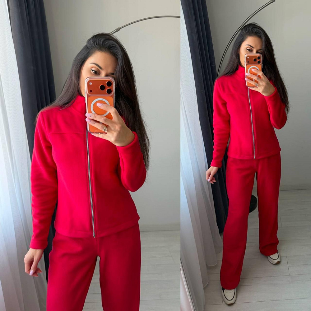 Жіночий повсякденний теплий костюм-двійка: кофта на блискавці та штани турецький двосторонній фліс Червоний, 42/44 Одеса - фото 3