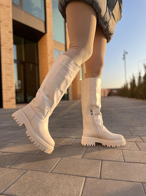 Жіночі зимові чоботи широкі шкіряні на низькому ходу бежевого кольору, на хутрі р. 37-40 4866 Коломия - фото 8