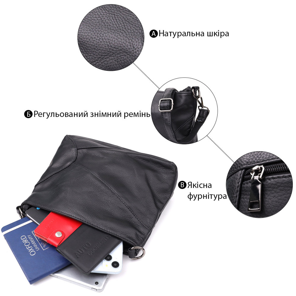 Небольшая женская сумка с двумя ремешками из натуральной кожи Vintage 23014 Черный Киев - изображение 4