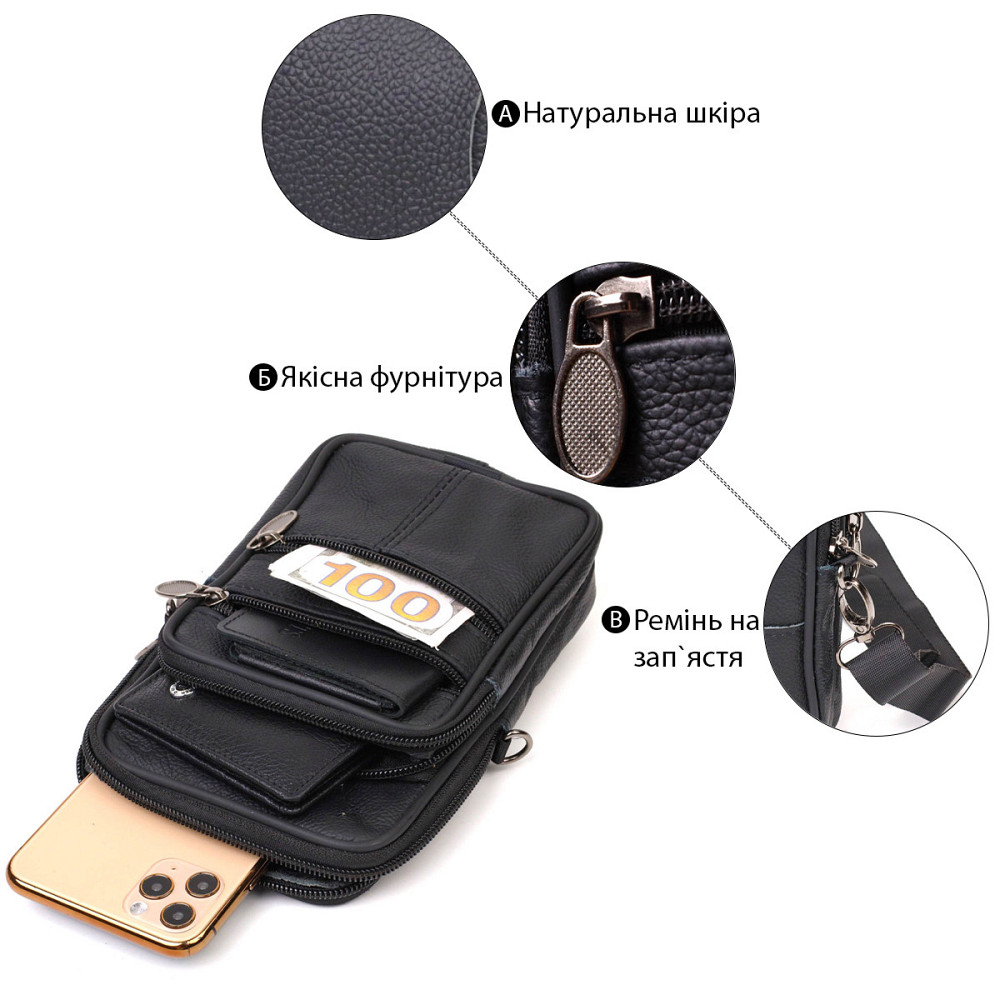 Чоловіча сумка на пояс із натуральної шкіри Чорна (Vintage) Київ - фото 8