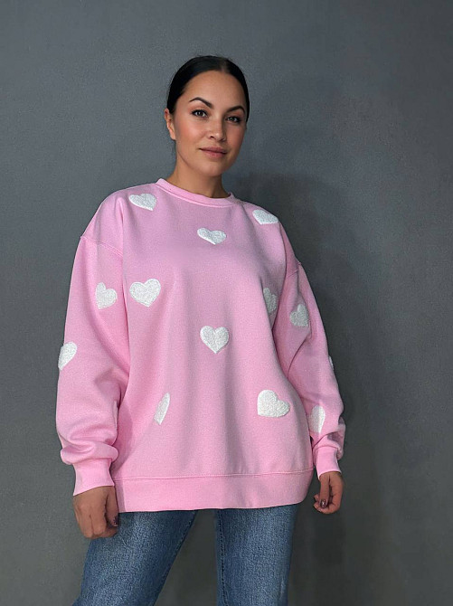Свитшот женский W 2975 оверсайз с объемными сердцами, розовый, one size Киев - изображение 20