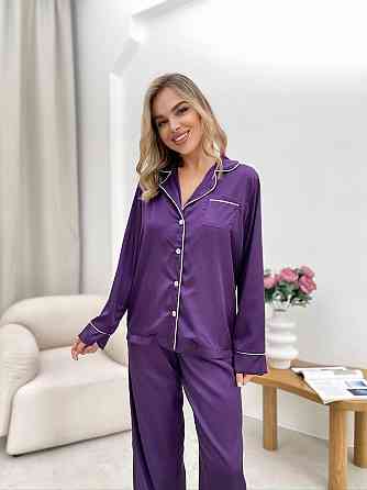 Женская стильная пижама двойка: рубашка и брюки из шелка Армани. Баклажан, 44/46 Одесса
