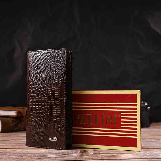 Фактурний чоловічий вертикальний гаманець без застібки з натуральної шкіри з тисненням Коричневий (CANPELLINI) Київ