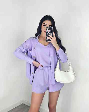 Жіночий легкий костюм-трійка: сорочка, майка та шорти креп жатка Фіолетовий, 44/46 Одеса