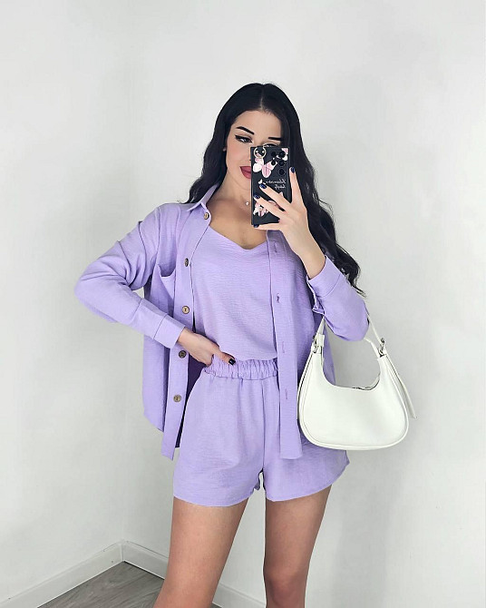 Жіночий легкий костюм-трійка: сорочка, майка та шорти креп жатка Фіолетовий, 44/46 Одеса - фото 3