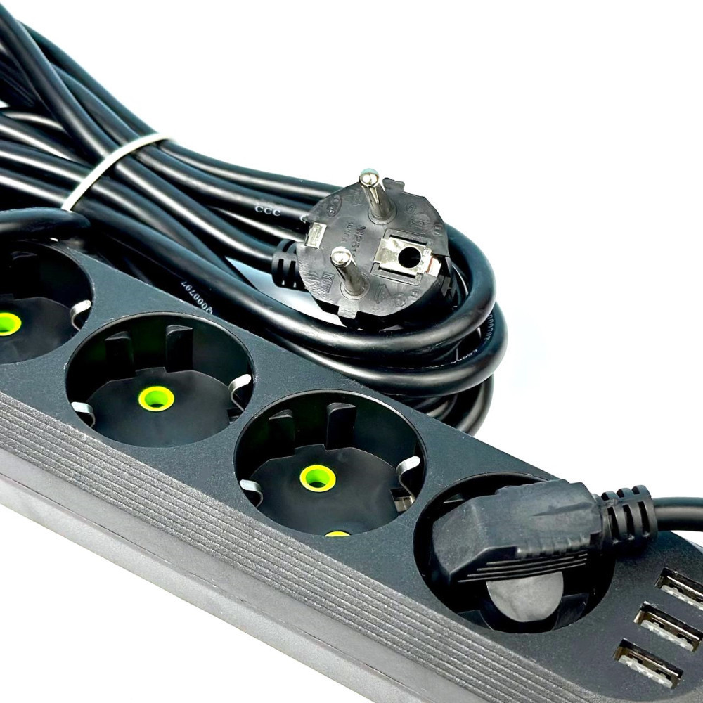 Подовжувач мережевий UA Power F05U, 3USB, 5 розеток, 6 м, чорний Винница - изображение 2