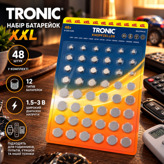 Набір батарейок-таблеток Tronic XXL 48 шт., 12 типів LR41/LR44/CR2032/CR2025, 1.5–3 В для годинників і пультів Київ