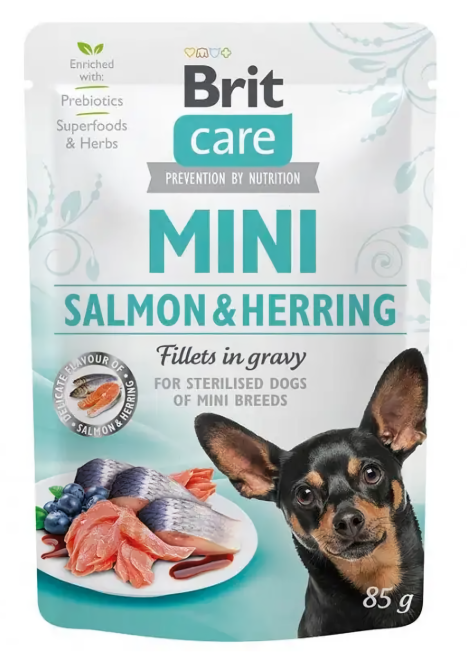 Влажный корм для стерелизованных собак Брит Brit Care Mini pouch 85 г (филе лосося и сельди в соусе) Винница - изображение 1
