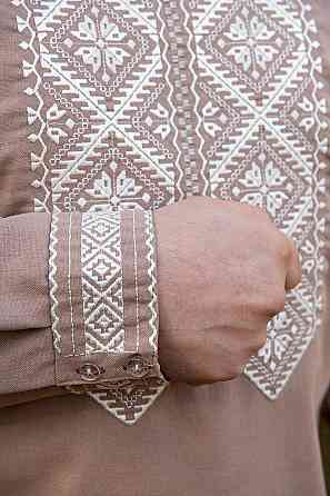 Вышиванка льняная мужская, длинный рукав, кофейная,( лен ) топ Киев