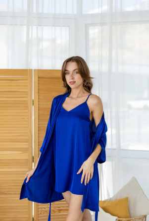 Шелковая ночнушка с халатом Синий 54/56 Харьков